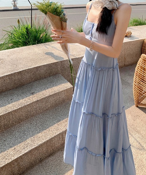 Teem Store（チームストア）の「ティアード ロング ヘンリーネックキャミフレアワンピース（ワンピース・レディース・ブルー/ピンク/ホワイト・F）」の22枚目の写真