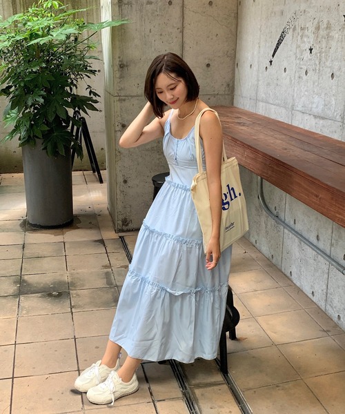 Teem Store（チームストア）の「ティアード ロング ヘンリーネックキャミフレアワンピース（ワンピース・レディース・ブルー/ピンク/ホワイト・F）」の9枚目の写真