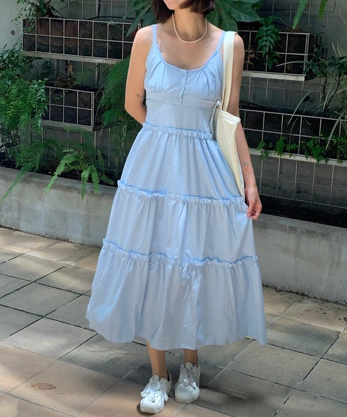 Teem Store（チームストア）の「ティアード ロング ヘンリーネックキャミフレアワンピース（ワンピース・レディース・ブルー/ピンク/ホワイト・F）」の12枚目の写真