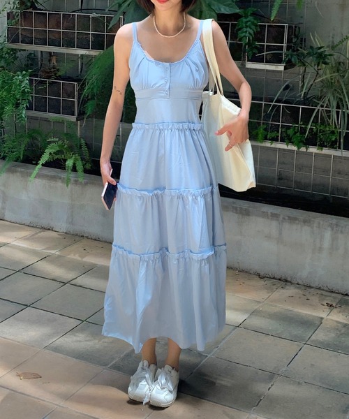 Teem Store（チームストア）の「ティアード ロング ヘンリーネックキャミフレアワンピース（ワンピース・レディース・ブルー/ピンク/ホワイト・F）」の11枚目の写真