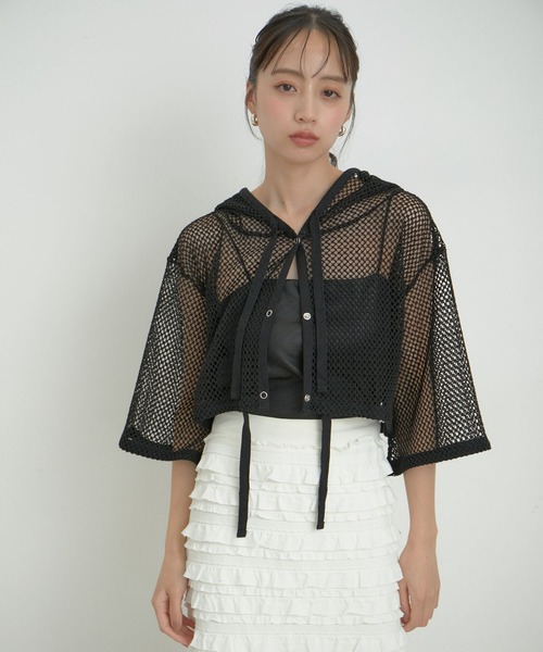 VIS（ビス）の「【洗える】メッシュフーテッドカーディガン（カーディガン/ボレロ・レディース・ブラック/ホワイト系その他7・FREE）」の2枚目の写真