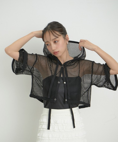 VIS（ビス）の「【洗える】メッシュフーテッドカーディガン（カーディガン/ボレロ・レディース・ブラック/ホワイト系その他7・FREE）」の9枚目の写真