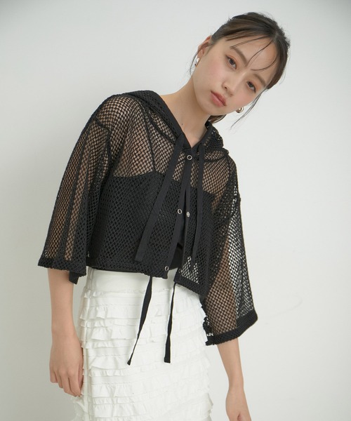 VIS（ビス）の「【洗える】メッシュフーテッドカーディガン（カーディガン/ボレロ・レディース・ブラック/ホワイト系その他7・FREE）」の10枚目の写真