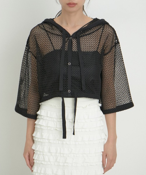 VIS（ビス）の「【洗える】メッシュフーテッドカーディガン（カーディガン/ボレロ・レディース・ブラック/ホワイト系その他7・FREE）」の11枚目の写真