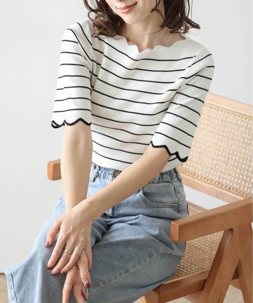 La-gemme(ラジェム)の「スカラップ5分袖トップス(Tシャツ/カットソー・レディース・ホワイト×ブラック/ブラック/ネイビー/ホワイト・フリー)」の2枚目の写真