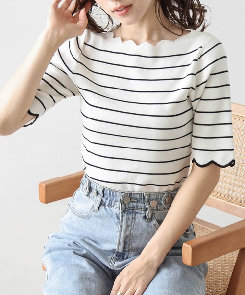 La-gemme(ラジェム)の「スカラップ5分袖トップス(Tシャツ/カットソー・レディース・ホワイト×ブラック/ブラック/ネイビー/ホワイト・フリー)」の12枚目の写真