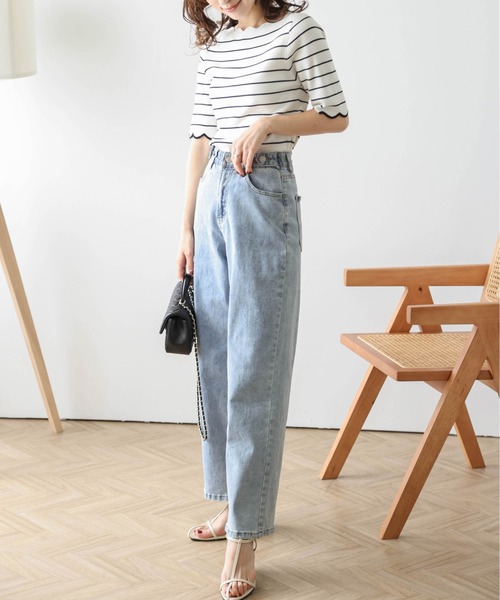 La-gemme(ラジェム)の「スカラップ5分袖トップス(Tシャツ/カットソー・レディース・ホワイト×ブラック/ブラック/ネイビー/ホワイト・フリー)」の14枚目の写真