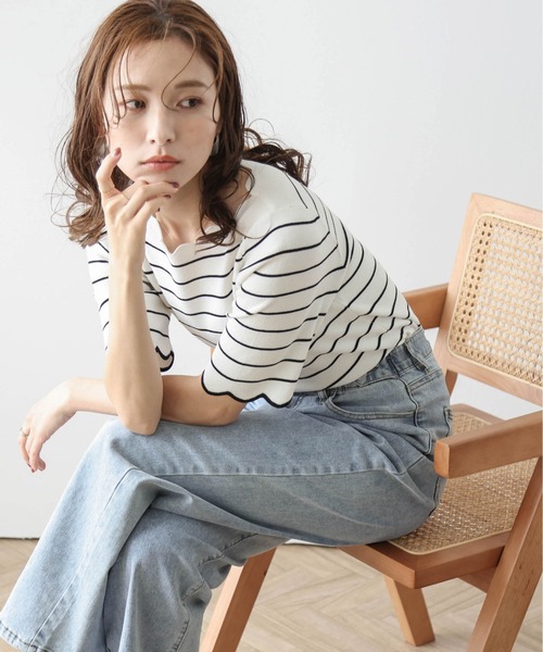 La-gemme(ラジェム)の「スカラップ5分袖トップス(Tシャツ/カットソー・レディース・ホワイト×ブラック/ブラック/ネイビー/ホワイト・フリー)」の13枚目の写真
