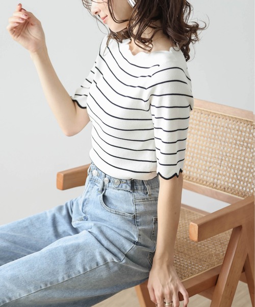 La-gemme(ラジェム)の「スカラップ5分袖トップス(Tシャツ/カットソー・レディース・ホワイト×ブラック/ブラック/ネイビー/ホワイト・フリー)」の11枚目の写真