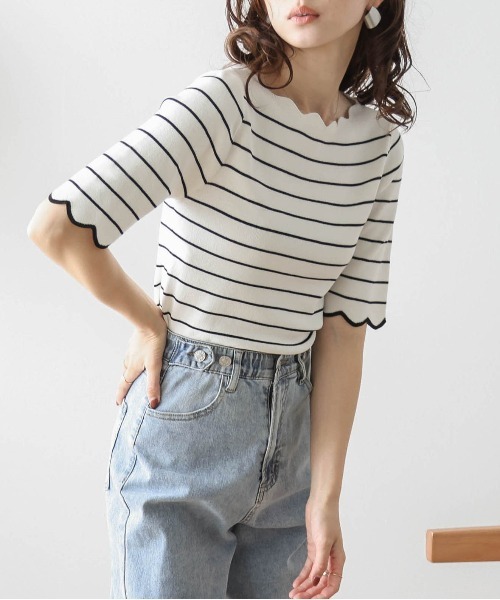 La-gemme(ラジェム)の「スカラップ5分袖トップス(Tシャツ/カットソー・レディース・ホワイト×ブラック/ブラック/ネイビー/ホワイト・フリー)」の10枚目の写真