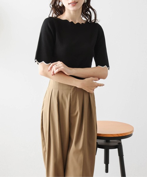 La-gemme(ラジェム)の「スカラップ5分袖トップス(Tシャツ/カットソー・レディース・ホワイト×ブラック/ブラック/ネイビー/ホワイト・フリー)」の7枚目の写真