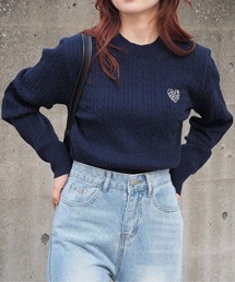 ワンポイント刺繍ケーブルニットプルオーバー