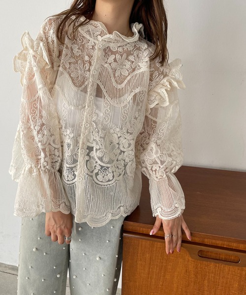 antic rag（アンティックラグ）の「レースフリルハイネックブラウス（シャツ/ブラウス・レディース・ベージュ/ブラック・FREE）」の4枚目の写真