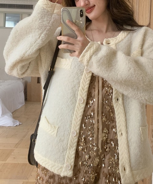 ループ編みニットカーディガン/ノーカラーニットジャケット（ニット