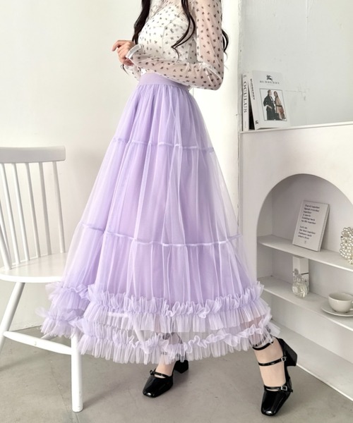 Loueme（ルエム）の「【9色展開 /26SS新色ラベンダー追加】ボリュームフリルチュールティアードスカート（スカート・レディース・ピンク/レッド/アイボリー/ブラック/ライトブルー/グレー/ホワイト/ミント/ラベンダー・FREE）」の7枚目の写真