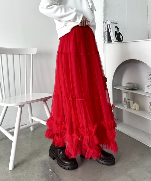 セール】【8色展開】ボリュームフリルチュールティアードスカート