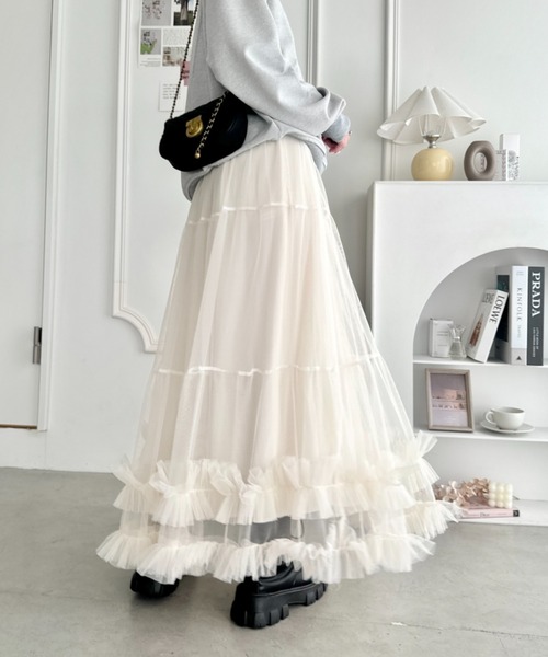 Loueme（ルエム）の「【9色展開 /26SS新色ラベンダー追加】ボリュームフリルチュールティアードスカート（スカート・レディース・ピンク/レッド/アイボリー/ブラック/ライトブルー/グレー/ホワイト/ミント/ラベンダー・FREE）」の13枚目の写真