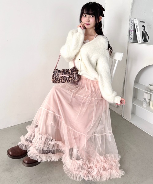 セール】【8色展開】ボリュームフリルチュールティアードスカート