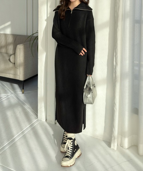 ブラックニットロングワンピース clear（クリア）の「ハーフジップニットロングワンピース[低身長用