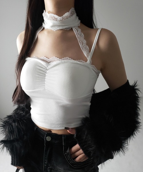 me+em select(ミームセレクト)の「【 2color 】レースチョーカーストラップリブキャミソール / lace choker strap lib camisole(キャミソール・レディース・ブラック/ホワイト・FREE)」の2枚目の写真