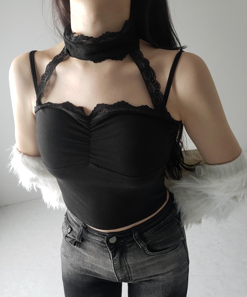me+em select(ミームセレクト)の「【 2color 】レースチョーカーストラップリブキャミソール / lace choker strap lib camisole(キャミソール・レディース・ブラック/ホワイト・FREE)」の4枚目の写真