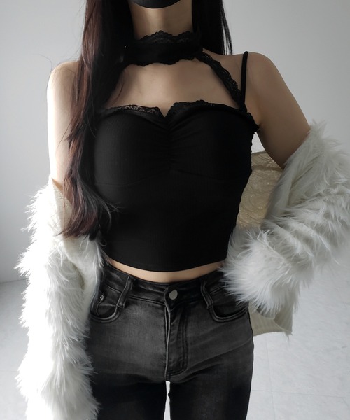 me+em select(ミームセレクト)の「【 2color 】レースチョーカーストラップリブキャミソール / lace choker strap lib camisole(キャミソール・レディース・ブラック/ホワイト・FREE)」の6枚目の写真