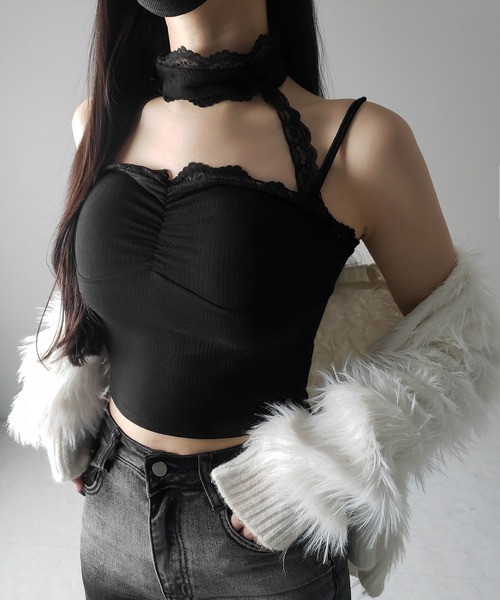 me+em select(ミームセレクト)の「【 2color 】レースチョーカーストラップリブキャミソール / lace choker strap lib camisole(キャミソール・レディース・ブラック/ホワイト・FREE)」の5枚目の写真