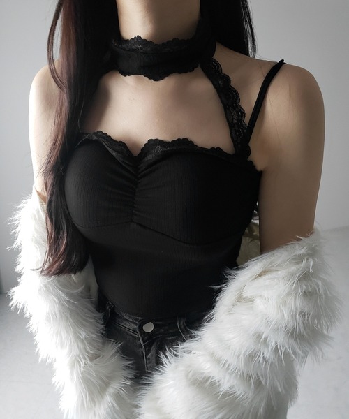 me+em select(ミームセレクト)の「【 2color 】レースチョーカーストラップリブキャミソール / lace choker strap lib camisole(キャミソール・レディース・ブラック/ホワイト・FREE)」の8枚目の写真