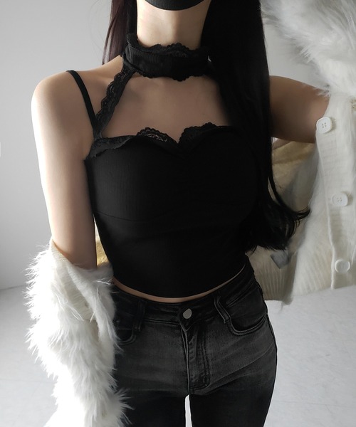 me+em select(ミームセレクト)の「【 2color 】レースチョーカーストラップリブキャミソール / lace choker strap lib camisole(キャミソール・レディース・ブラック/ホワイト・FREE)」の7枚目の写真