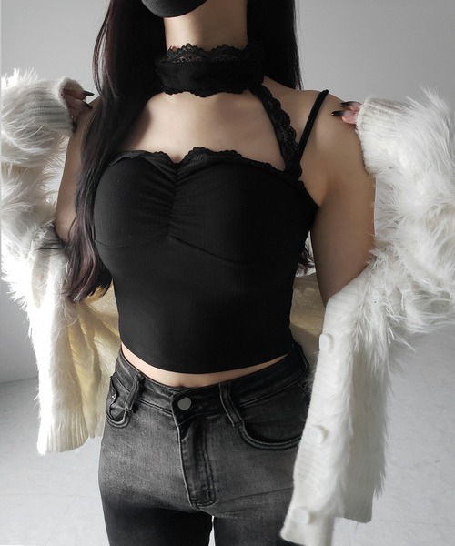 me+em select(ミームセレクト)の「【 2color 】レースチョーカーストラップリブキャミソール / lace choker strap lib camisole(キャミソール・レディース・ブラック/ホワイト・FREE)」の9枚目の写真