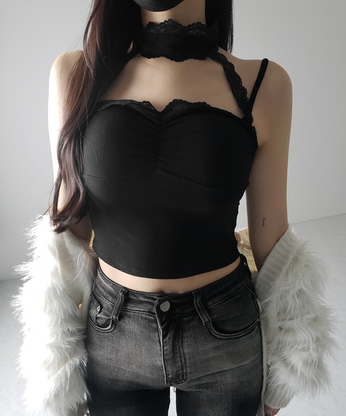 me+em select(ミームセレクト)の「【 2color 】レースチョーカーストラップリブキャミソール / lace choker strap lib camisole(キャミソール・レディース・ブラック/ホワイト・FREE)」の10枚目の写真