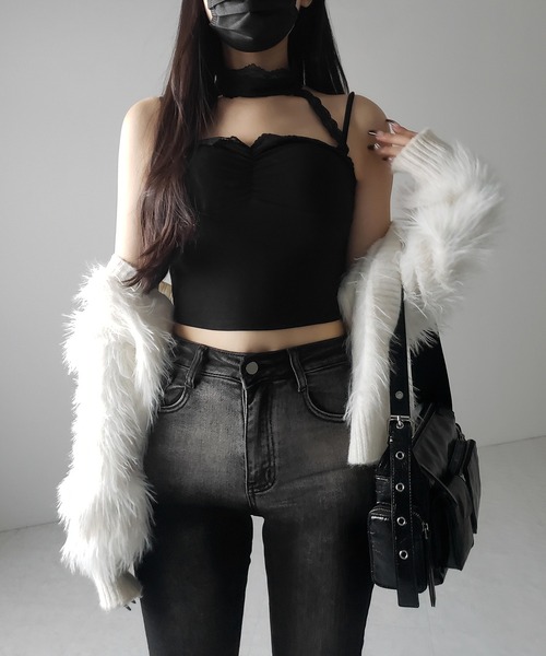 me+em select(ミームセレクト)の「【 2color 】レースチョーカーストラップリブキャミソール / lace choker strap lib camisole(キャミソール・レディース・ブラック/ホワイト・FREE)」の14枚目の写真