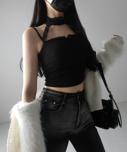 me+em select(ミームセレクト)の「【 2color 】レースチョーカーストラップリブキャミソール / lace choker strap lib camisole(キャミソール・レディース・ブラック/ホワイト・FREE)」の15枚目の写真