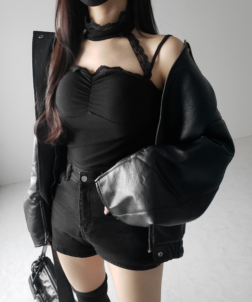 me+em select(ミームセレクト)の「【 2color 】レースチョーカーストラップリブキャミソール / lace choker strap lib camisole(キャミソール・レディース・ブラック/ホワイト・FREE)」の20枚目の写真
