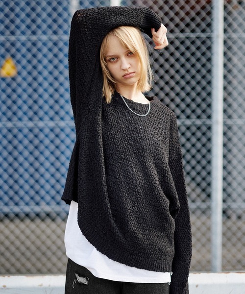 ROCHEM（ローシェン）の「透かし編みメランジクルーネックニット（ニット/セーター・メンズ・ブラック/グレー系/ブルー系/ブラック系1・XS/S/M/L）」の7枚目の写真