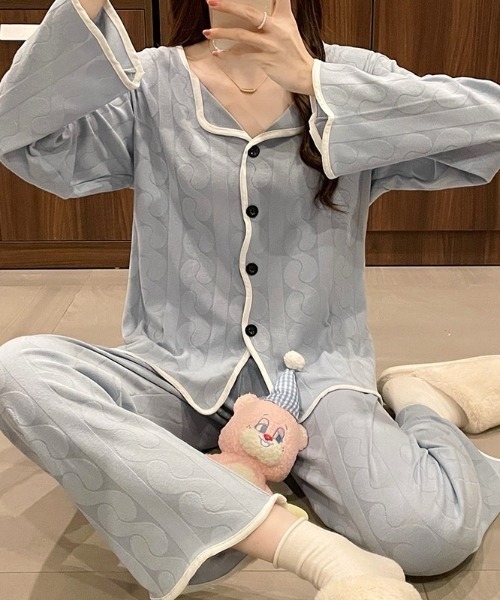 Teem Store(チームストア)の「【2点セット】パイピングカーディガンルームウェアパジャマ(ルームウェア/パジャマ・レディース・ホワイト/サックスブルー/ピンク・M/L)」の12枚目の写真