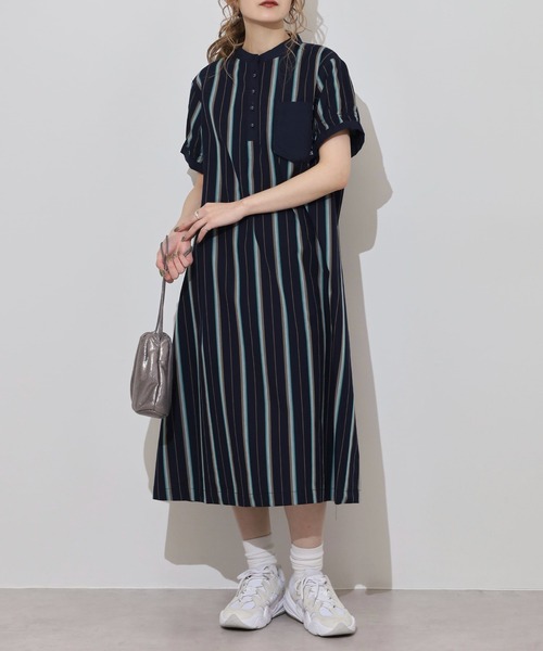 EGLANTINE(エグランティーヌ)の「EGLANTINE ストライプワンピース 半袖ヘンリーネック(ワンピース・レディース・アイボリー/ネイビー・40)」の2枚目の写真