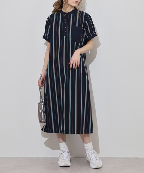 EGLANTINE(エグランティーヌ)の「EGLANTINE ストライプワンピース 半袖ヘンリーネック(ワンピース・レディース・アイボリー/ネイビー・40)」の6枚目の写真