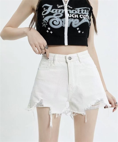 Dream garden(ドリームガーデン)の「ダメージデニム ショートパンツ(デニムパンツ・レディース・ブルー/ブラック/ライトブルー/ライトブラック/ホワイト・2XL/XL/L/M/S/3XL/5XL/4XL)」の1枚目の写真