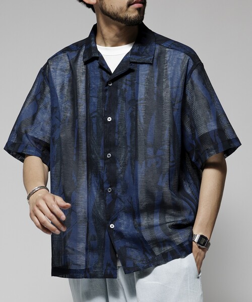 Firsthand（ファーストハンド）の「Firsthand/ファーストハンド オーバーサイズ ランダムメッシュ オープンカラーシャツ / シアー 柄シャツ / イージーケア（シャツ/ブラウス・メンズ・ネイビー/マスタード・M/L）」の2枚目の写真