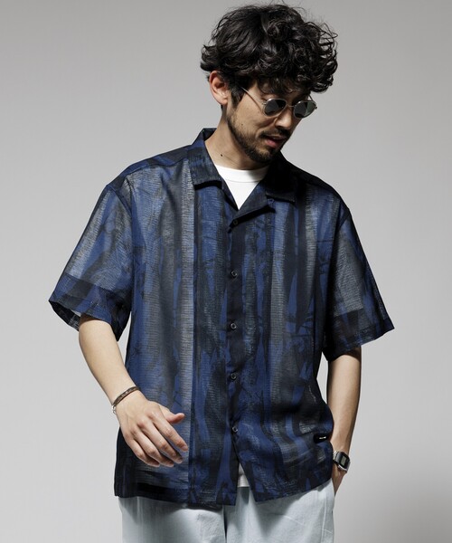 Firsthand（ファーストハンド）の「Firsthand/ファーストハンド オーバーサイズ ランダムメッシュ オープンカラーシャツ / シアー 柄シャツ / イージーケア（シャツ/ブラウス・メンズ・ネイビー/マスタード・M/L）」の3枚目の写真
