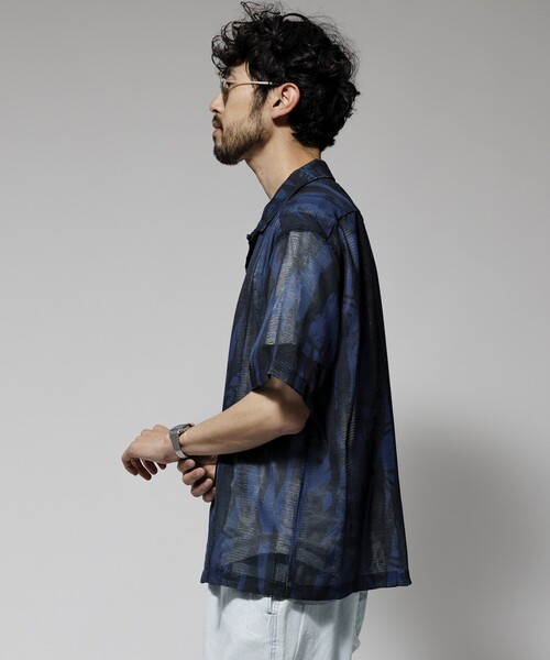 Firsthand（ファーストハンド）の「Firsthand/ファーストハンド オーバーサイズ ランダムメッシュ オープンカラーシャツ / シアー 柄シャツ / イージーケア（シャツ/ブラウス・メンズ・ネイビー/マスタード・M/L）」の6枚目の写真
