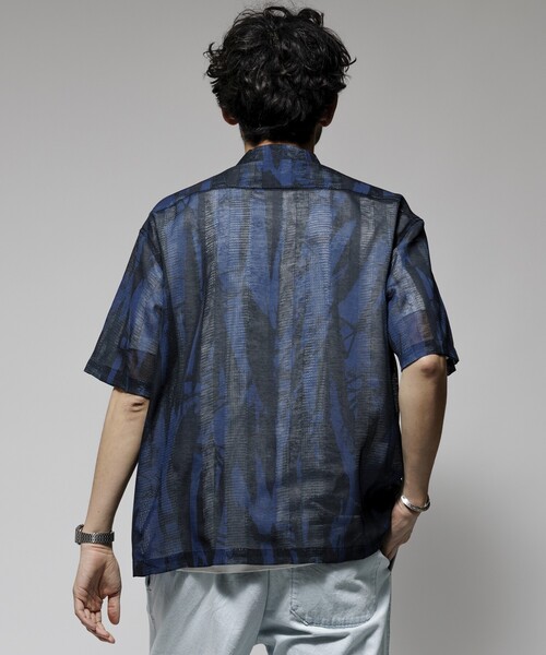 Firsthand（ファーストハンド）の「Firsthand/ファーストハンド オーバーサイズ ランダムメッシュ オープンカラーシャツ / シアー 柄シャツ / イージーケア（シャツ/ブラウス・メンズ・ネイビー/マスタード・M/L）」の7枚目の写真