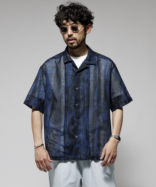 Firsthand（ファーストハンド）の「Firsthand/ファーストハンド オーバーサイズ ランダムメッシュ オープンカラーシャツ / シアー 柄シャツ / イージーケア（シャツ/ブラウス・メンズ・ネイビー/マスタード・M/L）」の8枚目の写真