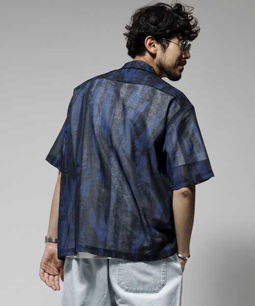 Firsthand（ファーストハンド）の「Firsthand/ファーストハンド オーバーサイズ ランダムメッシュ オープンカラーシャツ / シアー 柄シャツ / イージーケア（シャツ/ブラウス・メンズ・ネイビー/マスタード・M/L）」の9枚目の写真