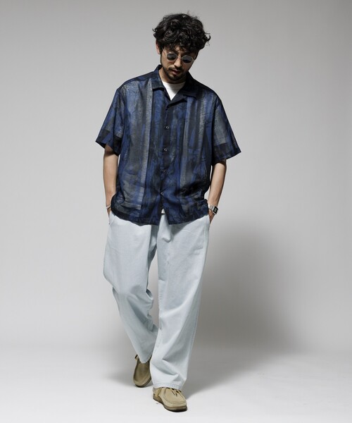 Firsthand（ファーストハンド）の「Firsthand/ファーストハンド オーバーサイズ ランダムメッシュ オープンカラーシャツ / シアー 柄シャツ / イージーケア（シャツ/ブラウス・メンズ・ネイビー/マスタード・M/L）」の11枚目の写真
