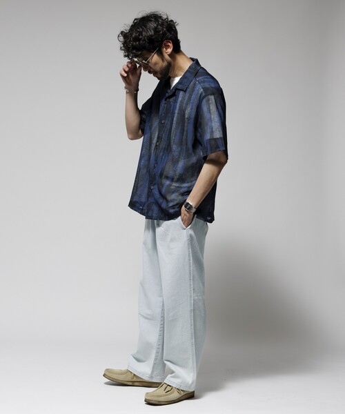 Firsthand（ファーストハンド）の「Firsthand/ファーストハンド オーバーサイズ ランダムメッシュ オープンカラーシャツ / シアー 柄シャツ / イージーケア（シャツ/ブラウス・メンズ・ネイビー/マスタード・M/L）」の12枚目の写真