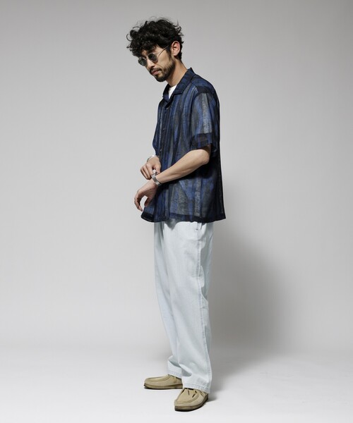 Firsthand（ファーストハンド）の「Firsthand/ファーストハンド オーバーサイズ ランダムメッシュ オープンカラーシャツ / シアー 柄シャツ / イージーケア（シャツ/ブラウス・メンズ・ネイビー/マスタード・M/L）」の13枚目の写真