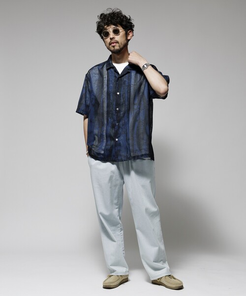 Firsthand（ファーストハンド）の「Firsthand/ファーストハンド オーバーサイズ ランダムメッシュ オープンカラーシャツ / シアー 柄シャツ / イージーケア（シャツ/ブラウス・メンズ・ネイビー/マスタード・M/L）」の14枚目の写真