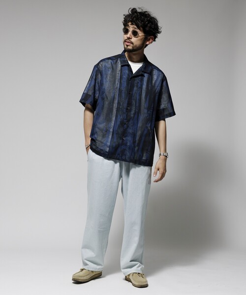 Firsthand（ファーストハンド）の「Firsthand/ファーストハンド オーバーサイズ ランダムメッシュ オープンカラーシャツ / シアー 柄シャツ / イージーケア（シャツ/ブラウス・メンズ・ネイビー/マスタード・M/L）」の15枚目の写真